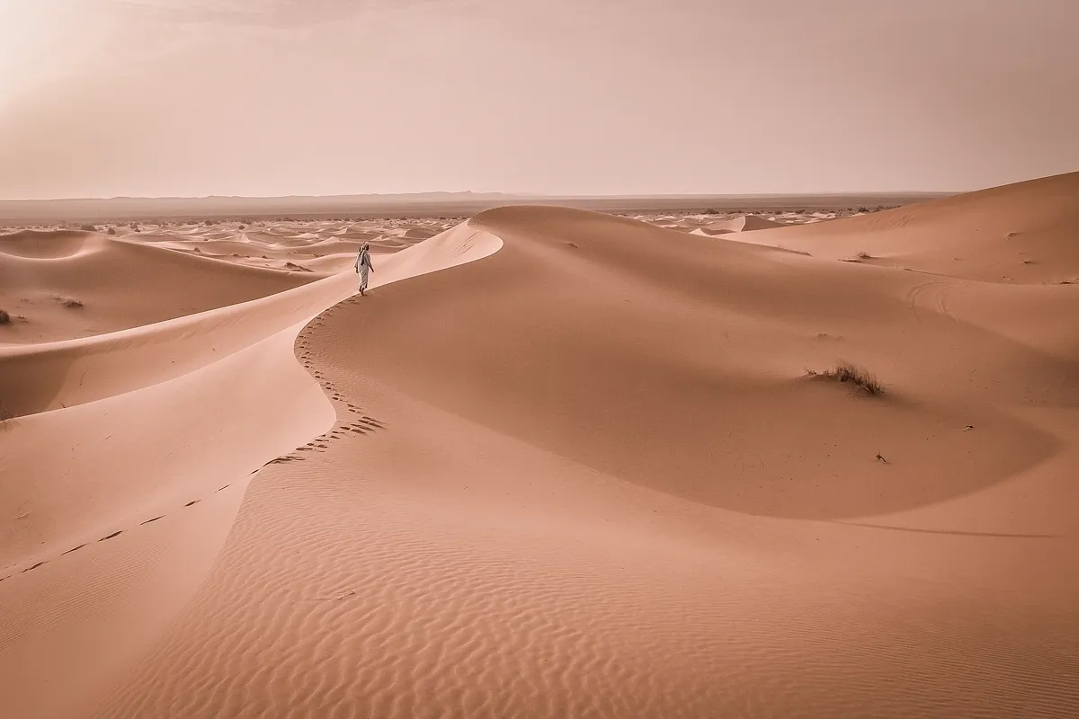 Merzouga desert walking tour – hiker on a dune ridge in Erg Chebbi