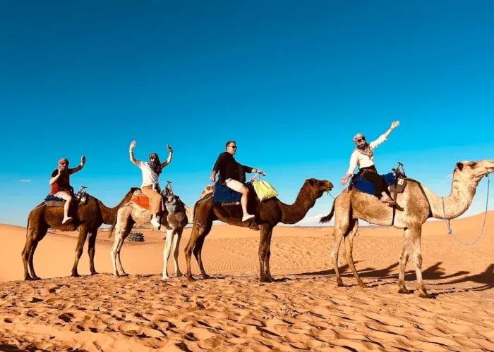 Travelers riding camels among the Merzouga dunes